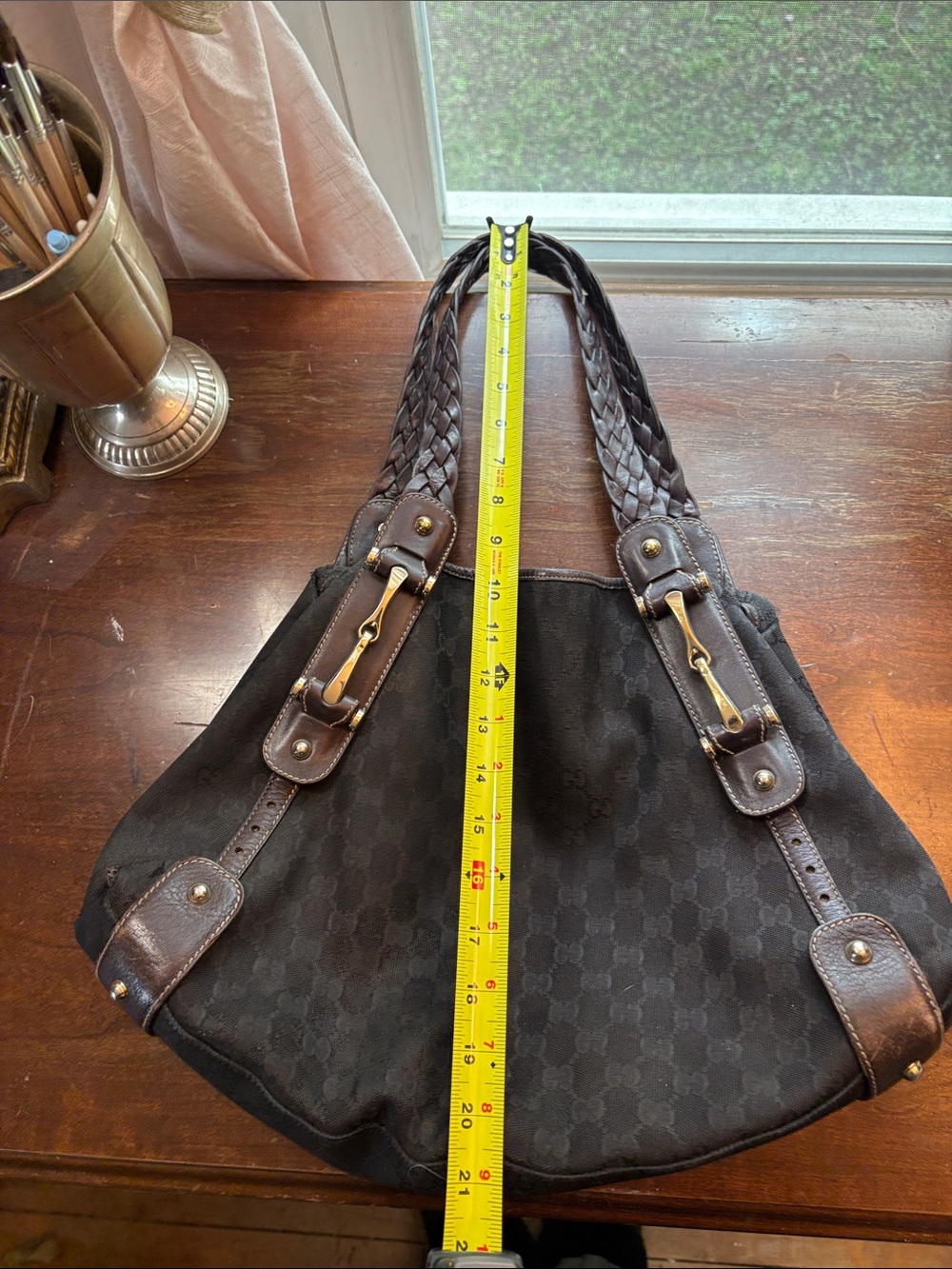 Authentic, well loved Gucci Brown and Black Canvas Hobo Bag